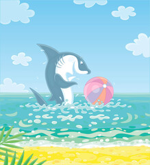 Wall Mural - Funny great white shark jumping out of water and playing a big colorful ball on a summer sea beach, vector cartoon illustration