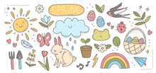 Spring Doodle Set. Cute Set Of Spring Cliparts, Easter Elements. Vector Isolated Illustration.