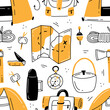 © Ekaterina Chemakina - Seamless pattern on the theme of tourism, hiking, travel. Vector illustration background.