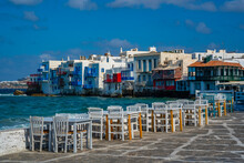 View Of Little Venice And Restaurant Tables In Mykonos Town, Mykonos, Cyclades Islands, Greek Islands, Aegean Sea