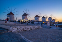 View Of The Windmills In Mykonos Town At Dusk, Mykonos, Cyclades Islands, Greek Islands, Aegean Sea