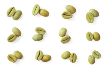 Wall Mural - Dried green coffee beans isolated on white background, top view