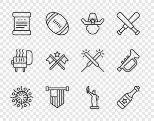 Sticker - Set line Firework, Champagne bottle, Sheriff cowboy, American flag, Declaration of independence, Statue Liberty and Trumpet icon. Vector