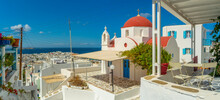 View Of Narrow Street And Red Domed Chapel Overlooking Aegean Sea, Mykonos Town, Mykonos, Cyclades Islands, Greek Islands, Aegean Sea