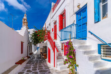 View Of Whitewashed Cobbled Street, Mykonos Town, Mykonos, Cyclades Islands, Greek Islands, Aegean Sea