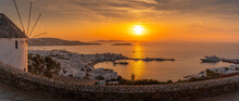 View Of Windmill Overlooking Town At Golden Sunset, Mykonos Town, Mykonos, Cyclades Islands, Greek Islands