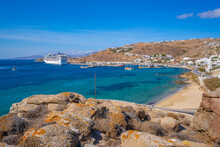 View Of Cruise Ship In New Port, Mykonos Town, Mykonos, Cyclades Islands, Greek Islands, Aegean Sea
