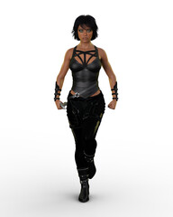 Poster - 3d illustraion of a beautiful exotic dark haired fantasy woman assassin wearing black leather walkin