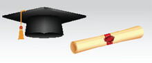 Set Of Realistic University Graduation Cap Or Diploma Graduation Black Cap Or Graduate Cap At College Ceremony And Achievement Academic Degree. Eps Vector