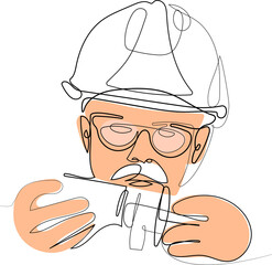 Continuous one line drawing of a close-up the industrial engineer wearing glasses and hard hat connects two components for your design minimal outline. Vector illustration