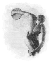 Pencil Sketch Drawing Of The Discobolus Of Myron. Greek Sculpture. Poster, Wall Decoration, Postcard, Social Media Banner, Brochure Cover Design Background. Vector Pattern.