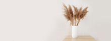 Beautiful Natural Pampas Grass Or Cortaderia Selloana In A Ceramic Vase Near Beige Wall, Stylish Living Room