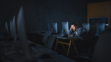 Wall Mural - Stressed Male Student Sitting Alone in College Informatics Room, Working Late Evenings on Computer Science Project. Tired Scholar Study IT on Computer in University, Writing Homework.