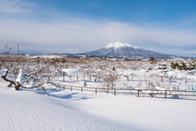 A Big Mountain Covered With White Snow In Winter, Mt. Iwaki In Aomori Prefecture In Japan, Nature Or Travel Background