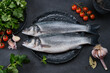 Fresh raw fish Seabass on a black plate with spices. Two fresh Sea Bass fishes with garlic, mint, bay leaf ,peppers and red tomatoes on a black plate. Seafood concept. Selective focus