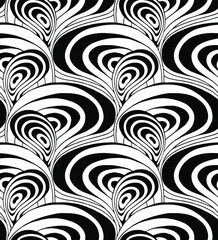 Psychedelic black and white seamless vector pattern of waving lines in the 60's and 70's optical art style.