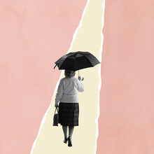 Conceptual Artwork. Middle Age Woman Going Alone Her Own Way Isolated On Pink Background. Contemporary Art Collage.
