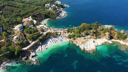 Wall Mural - Aerial drone view north east coast with Kanoni, Mpataria and Pipitos beach, Island of Corfu, Greece. Mpataria, Kanoni and Pipitos beach at Corfu Greece during the day.