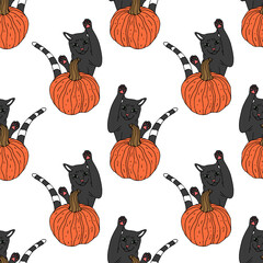 Poster - Seamless pattern with hand drawn orange pumpkins and jumping cat. White background. Autumn digital paper.