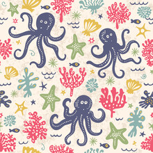 Cute Seamless Pattern With Underwater Live: Octopus, Starfish, Squid, Jellyfish. Vector Tropical Background.

