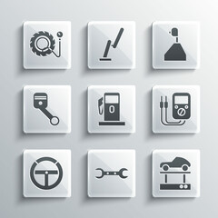 Canvas Print - Set Wrench spanner, Repair car on lift, Multimeter, Petrol or Gas station, Steering wheel, Engine piston, Tire pressure gauge and Gear shifter icon. Vector