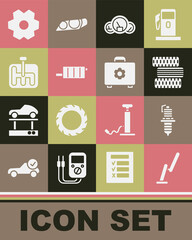 Poster - Set Windscreen wiper, Car spark plug, tire wheel, Speedometer, muffler, Gear shifter, and Toolbox icon. Vector