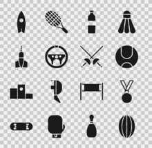 Set Rugby Ball, Medal, Tennis, Bottle Of Water, Steering Wheel, Dart Arrow, Surfboard And Fencing Icon. Vector