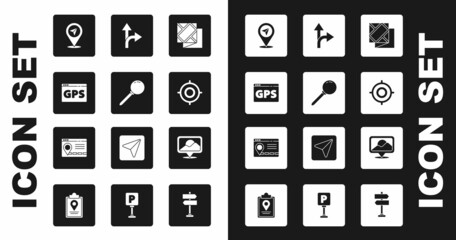 Poster - Set Folded map, Push pin, Gps device with, Location, Target sport, Road traffic sign, and Infographic of city navigation icon. Vector