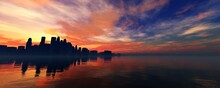Beautiful Sunset Over The Water, City At Sunset By The Sea, 3D Rendering