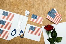 USA Flag Cards And Red Rose Flower. For 4th Of July, Memorial Day, Veteran's Day, Or Other Patriotic Celebration