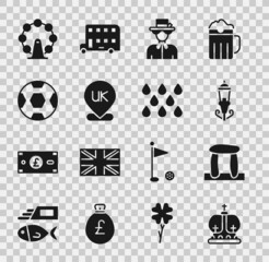 Wall Mural - Set British crown, Stonehenge, Vintage street light, Queen Elizabeth, Location England, Football ball, London eye and Water drop icon. Vector