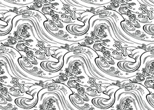 Black And White Stormy Sea And Waves In The Style Of Asian Traditional Prints. Vector Seamless Pattern.