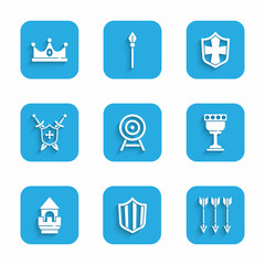 Sticker - Set Target with arrow, Shield, Crossed arrows, Medieval goblet, Castle tower, shield swords, and King crown icon. Vector