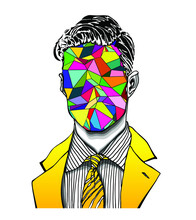 Hand Drawn Portrait Of A Strange Handsome Man With Colorful Geometric Polygonal Face. Isolated Vector Concept Head Illustration In Modern And Surreal Tattoo Art. 