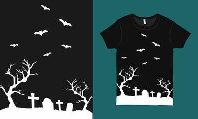 Wall Mural - Background with scary bats and graveyard, Halloween T-shirt design, T-shirt design with spooky horror night elements. Halloween Illustration T-shirt Design For Your Business