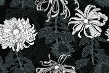 Vector Seamless Floral Pattern Of White Chrysanthemums Flowers With Leaves, Stems, Minimal Chrysanthemums And Line Flowers On Black Background In Japanese Graphic Style.