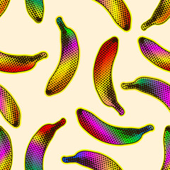 Poster - Seamless vector pop art pattern of colorful psychedelic dot halftone bananas randomly scattered on beige background.