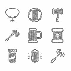 Sticker - Set Wooden beer mug, Gem stone, Medieval poleaxe, Decree, parchment, scroll, Quiver with arrows, Battle hammer and Necklace gem icon. Vector