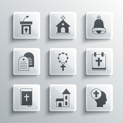 Wall Mural - Set Church building, Priest, Calendar with Easter, Rosary beads religion, Holy bible book, sermon tribune and bell icon. Vector