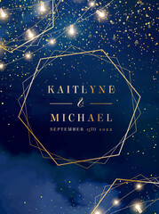 Wall Mural - magic night dark blue card with sparkling glitter bokeh and line art