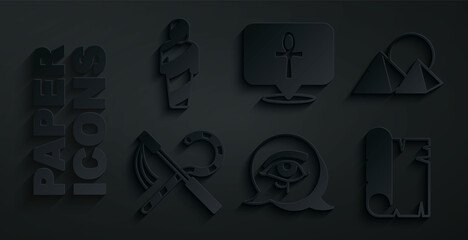 Sticker - Set Eye of Horus, Egypt pyramids, Crook and flail, Papyrus scroll, Cross ankh and mummy icon. Vector