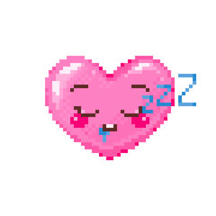 Wall Mural - Pixel art closed eye sleep heart emoji. Vintage 8 bit pixel pink emoticon of zzz boredom face smile. Cute anime kawaii vector icon. Valentine Day romantic heart-shaped design.
