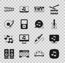 Set Music Note, Tone, Electric Bass Guitar, Synthesizer, Player, Vinyl, Xylophone And Icon. Vector