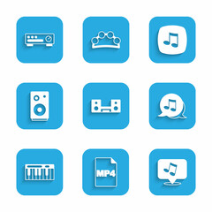 Sticker - Set Home stereo with two speakers, MP4 file document, Music note, tone, synthesizer, Stereo, and Sound mixer controller icon. Vector