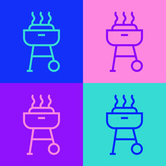 Sticker - Pop art line Barbecue grill icon isolated on color background. BBQ grill party. Vector