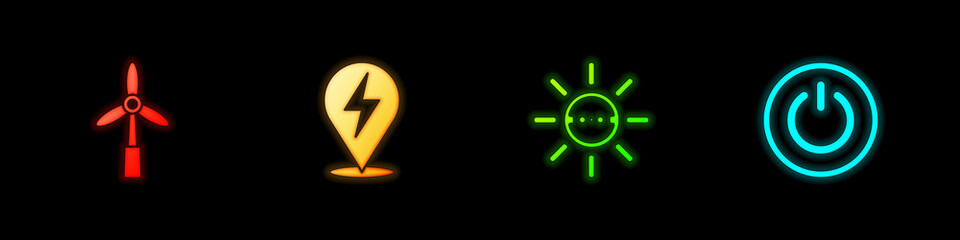 Sticker - Set Wind turbine, Lightning bolt, Solar energy panel and Power button icon. Vector