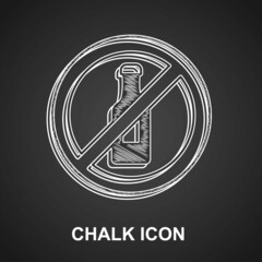 Poster - Chalk No alcohol icon isolated on black background. Prohibiting alcohol beverages. Forbidden symbol with beer bottle glass. Vector