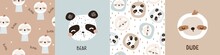 Set Of Cute Seamless Patterns And Posters With Panda And Sloth. Childish Graphic. Vector Hand Drawn Illustration.. 