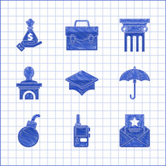 Wall Mural - Set Graduation cap, Walkie talkie, The arrest warrant, Umbrella, Bomb ready to explode, Stage stand or debate podium rostrum, Law pillar and Hand holding money bag icon. Vector