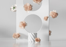 3D Display Podium Pastel Pink Flower On White Background. Orange Rose Falling Down. Nature Minimal Beauty Pedestal, Cosmetic Product Presentation. Valentine, Feminine Copy Space Template 3d Render